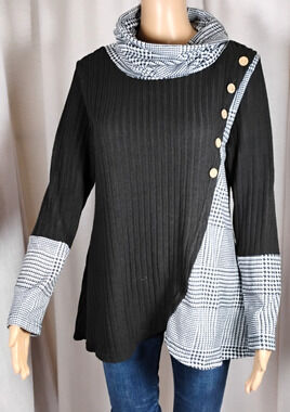 Asymmetrical Sweater Tunic Cowl Neck Rib Knit Plaid Contrast M Cozycore Academia